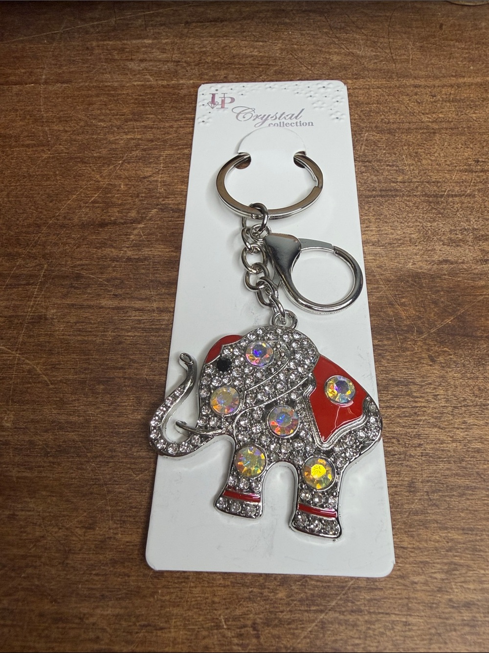 Crystal Red Elephant Bag Charm Keychain - silver tone